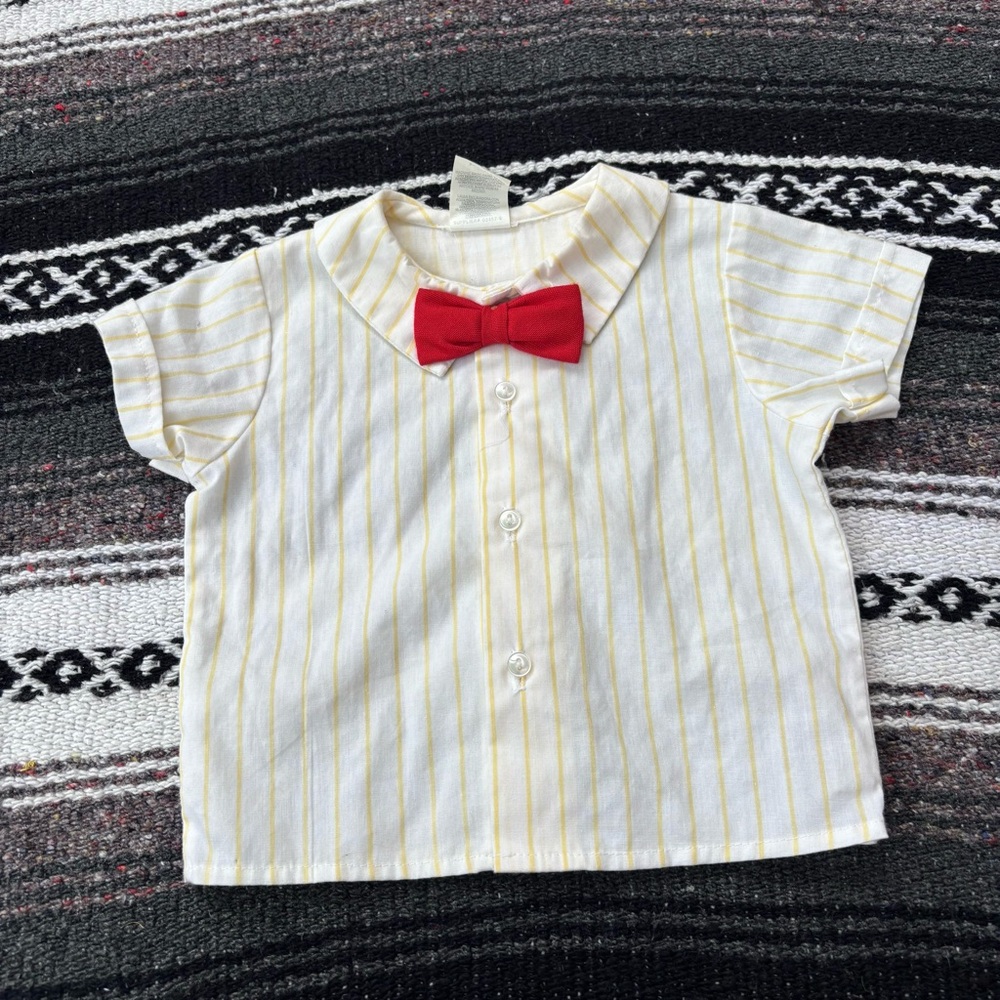 VINTAGE YELLOW WHITE STRIPED RED BOW TIE BOYS BUTTON DOWN SHIRT SIZE 6 MONTHS